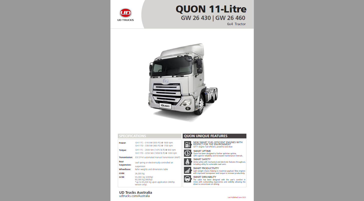 Quon GW 26 430 & 460 Spec Sheet