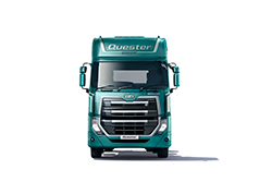Front view of a teal Quester truck on a white background.