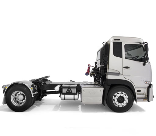 Silver cab chassis truck on white background, side view.