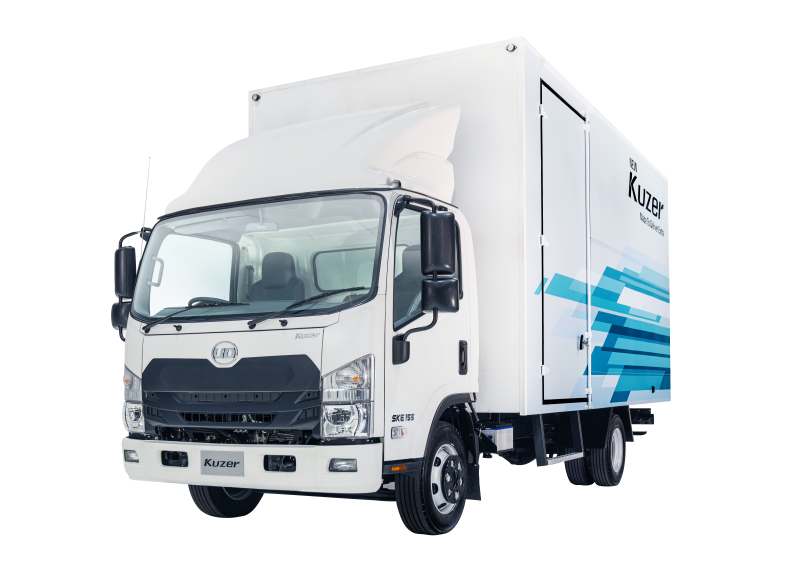 White box truck with blue design on side, facing left on white background.