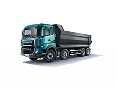 Truk dump hijau tua dengan bak hitam di latar belakang putih.