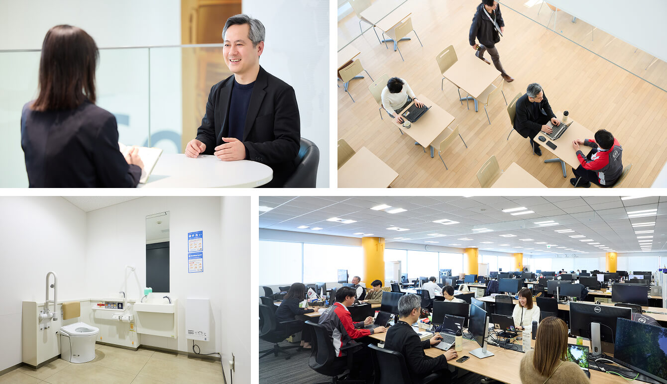 執務スペースや休憩エリア、障がい者用トイレの写真。障害のある方も安心して働ける環境を整備