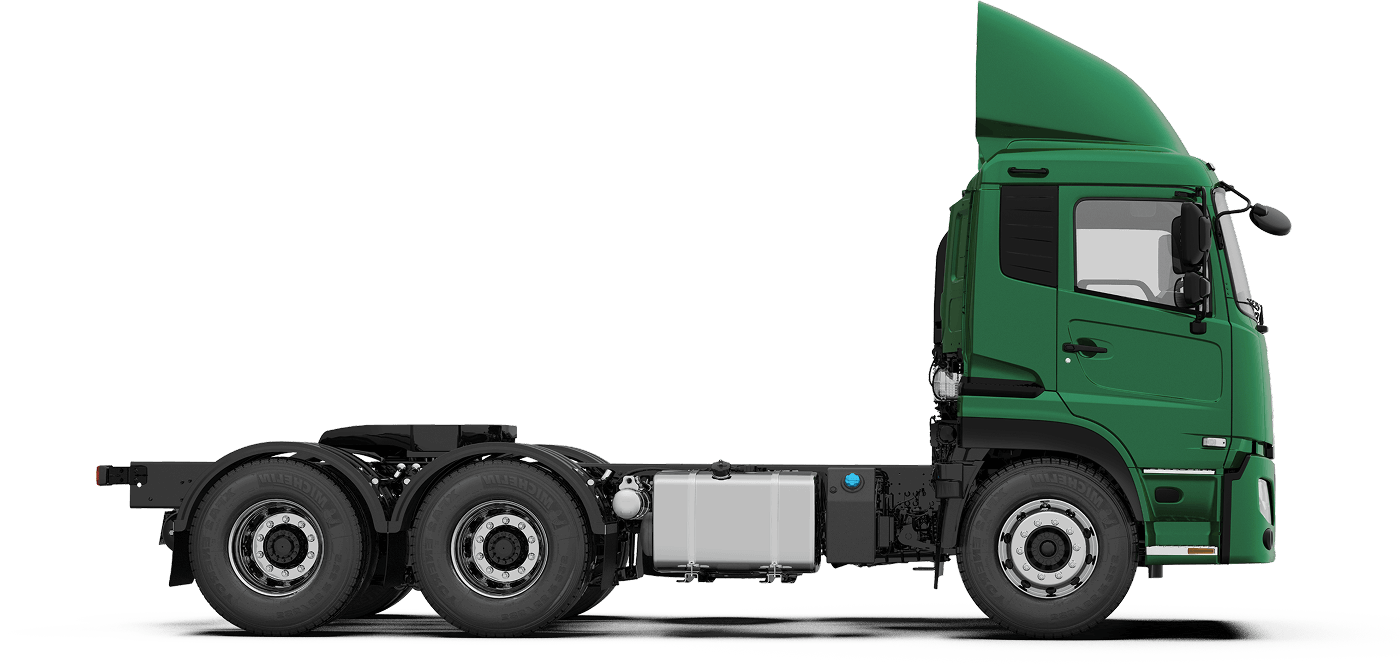 Green semi-truck cab facing right with no trailer attached