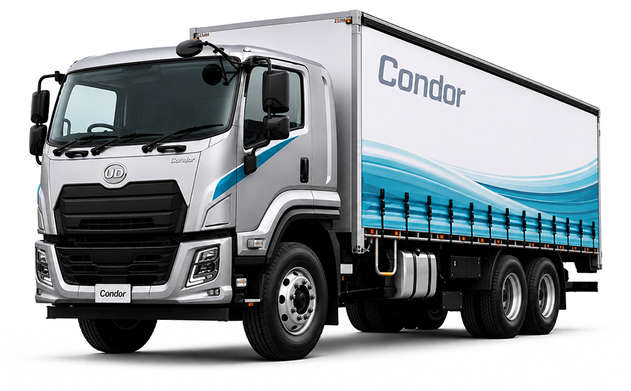 Silver and blue Condor delivery truck, side view, with a wave graphic on the cargo area.