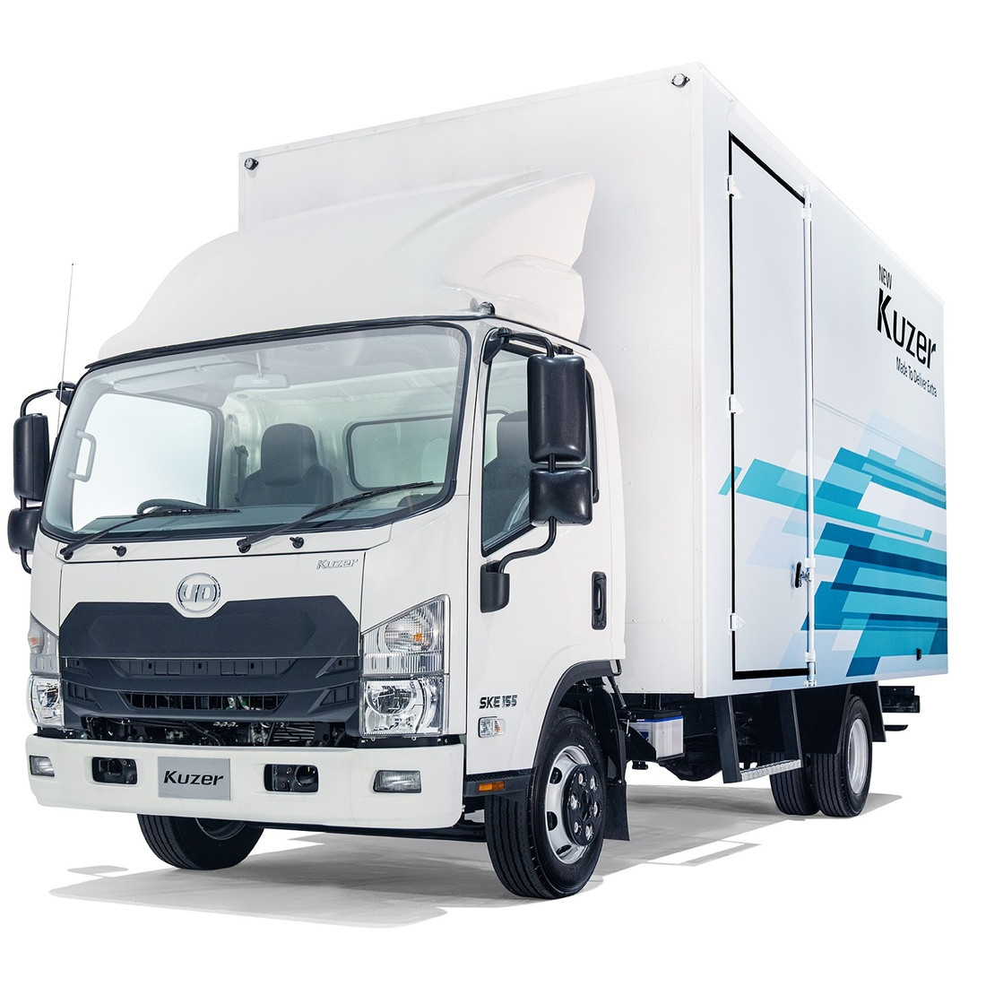 White box truck with blue graphics on its side, isolated on a white background.