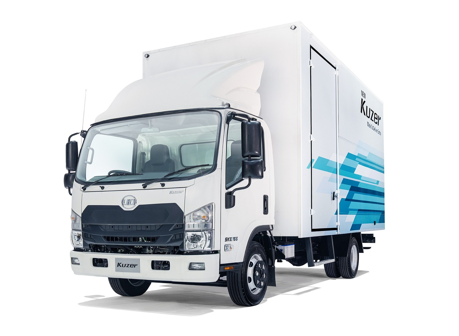 White box truck with blue graphic accents, isolated on white background.