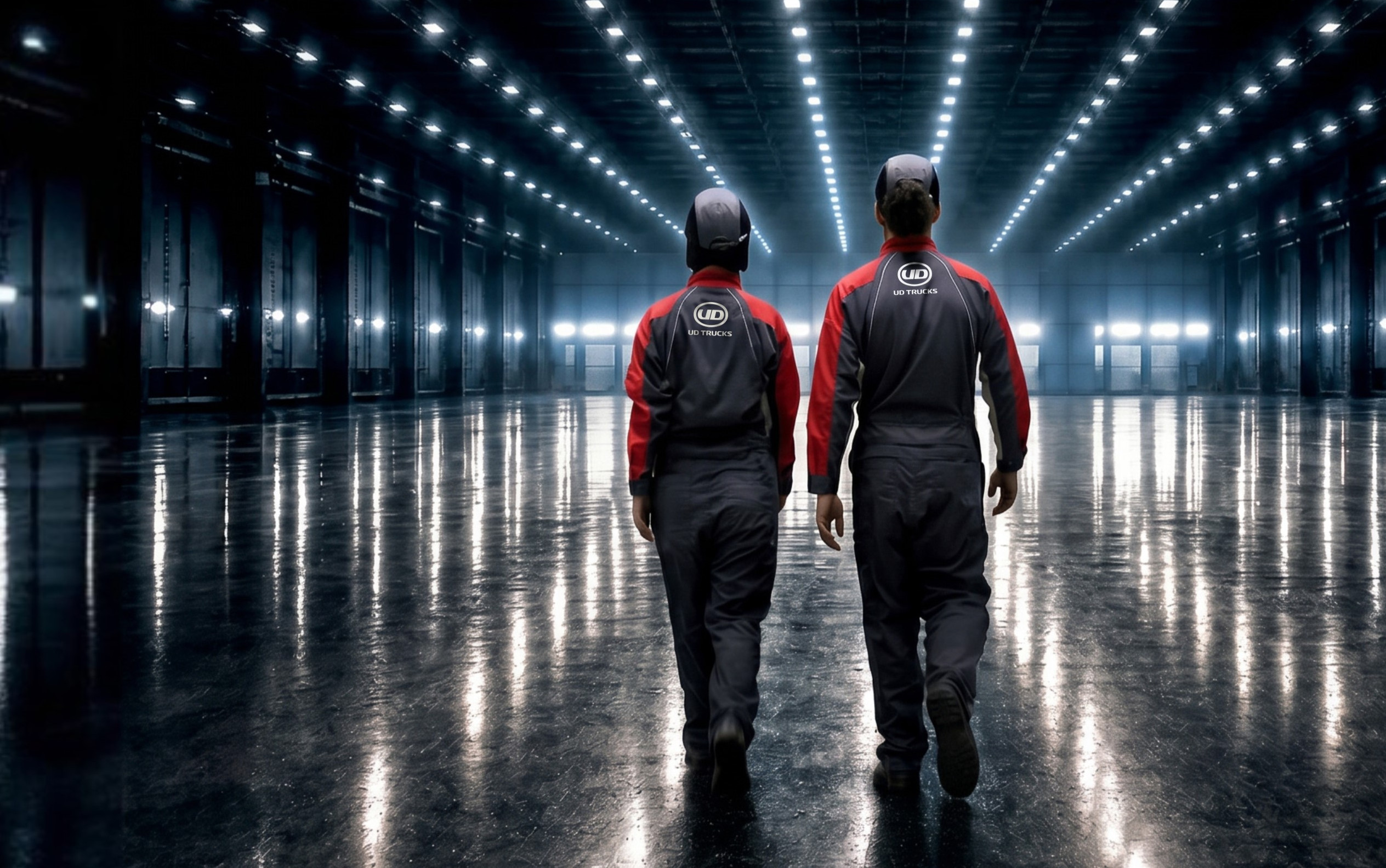 Two people in matching uniforms walk in a vast, brightly lit industrial hall.