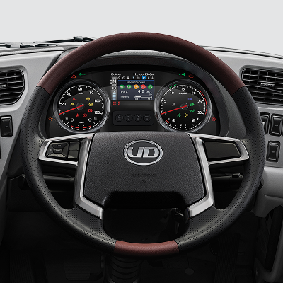 Black and brown steering wheel with dashboard, speedometer, and digital display.