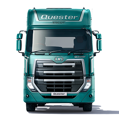 Green UD Quester truck viewed from the front on a white background.