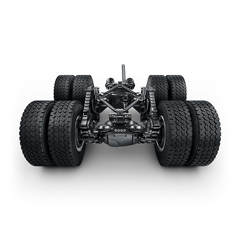 Delapan roda besar truk tersusun rapi dengan latar belakang putih.