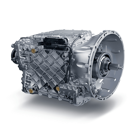 Transmisi mobil berwarna abu-abu metalik, detail mekanis terlihat jelas.