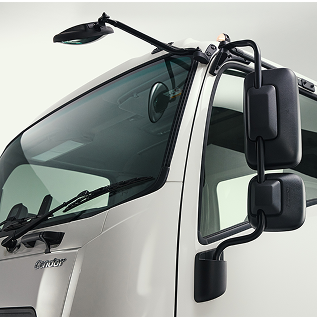 Close-up of a white truck cabin showing side mirrors and windshield