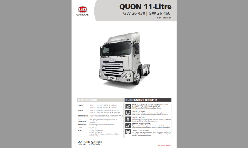 Quon GW 26 430 & 460 Spec Sheet