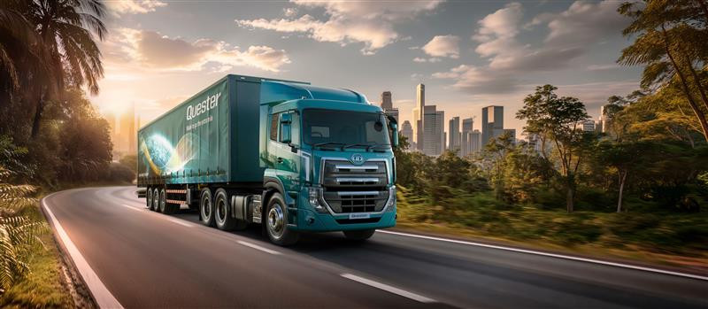 Lori ya kisasa barabarani, jua likitua, majiji nyuma, miti pembeni.