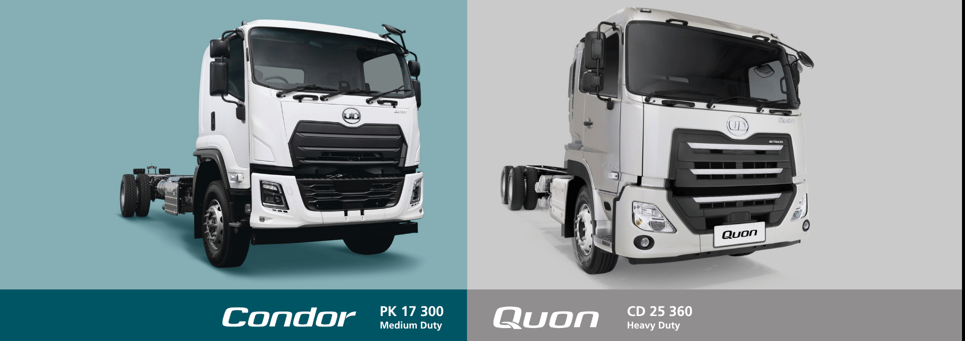 Two modern UD Trucks: Condor on blue, Quon on grey background.