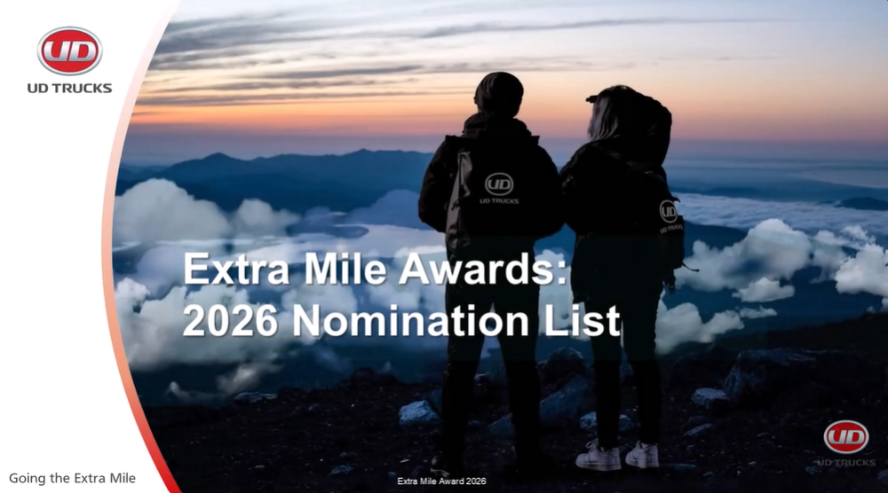 Two hikers with backpacks overlook mountains at sunrise, Extra Mile Awards 2026 text overlay.