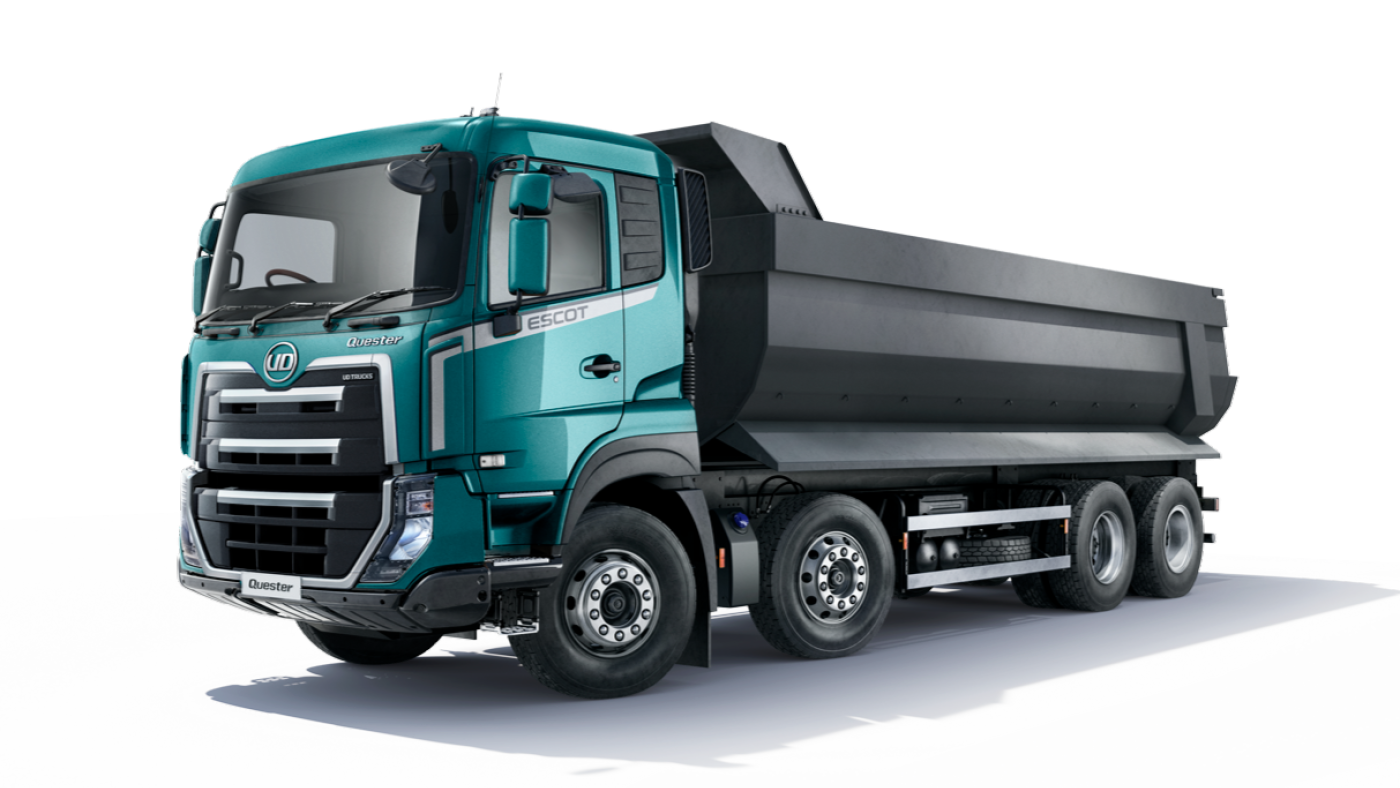Teal dump truck with black cargo bed on a light background.