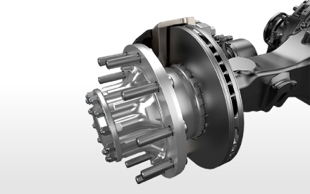 Vragmotor se wiele hub met skyfrem en boutjies, silwer en swart metaal.
