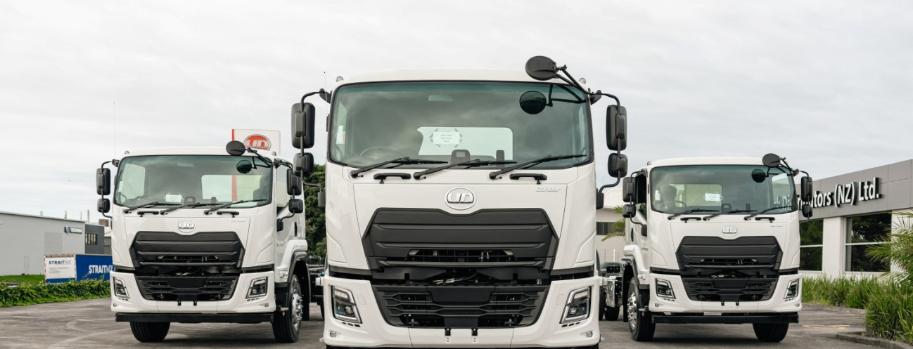 Three UD Condor trucks parked side by side at the recent Condor Launch in New Zeland
