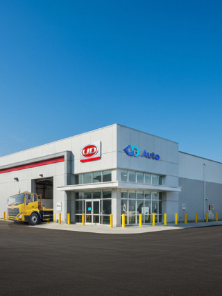 مبنى مركز خدمة سيارات حديث مع شاحنة صفراء متوقفة بالخارج