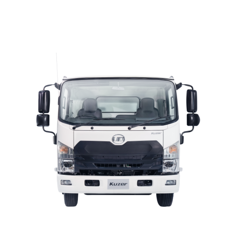 White delivery truck viewed from the front, with large mirrors and clear windows.