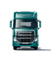 Green Quester truck viewed from the front on a white background.