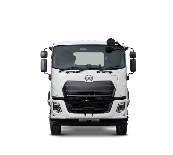 White truck facing forward on plain white background.