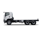 White cab chassis truck with six wheels on a white background.
