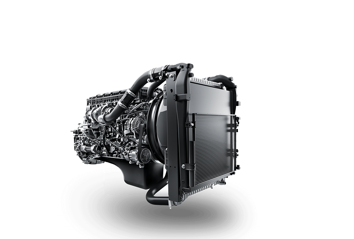 Injini ya gari pamoja na radiator, rangi nyeusi na fedha.